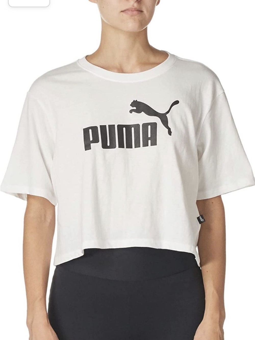 Puma White Short Cropped Logo Tee with Black Print